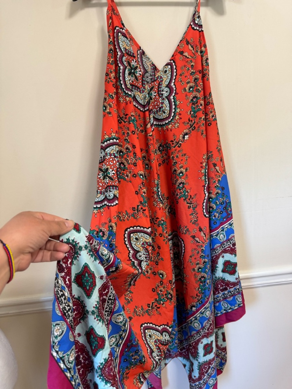 Vibrant Red Paisley Handkerchief-Hem Slip Dress - Picture 2 of 6